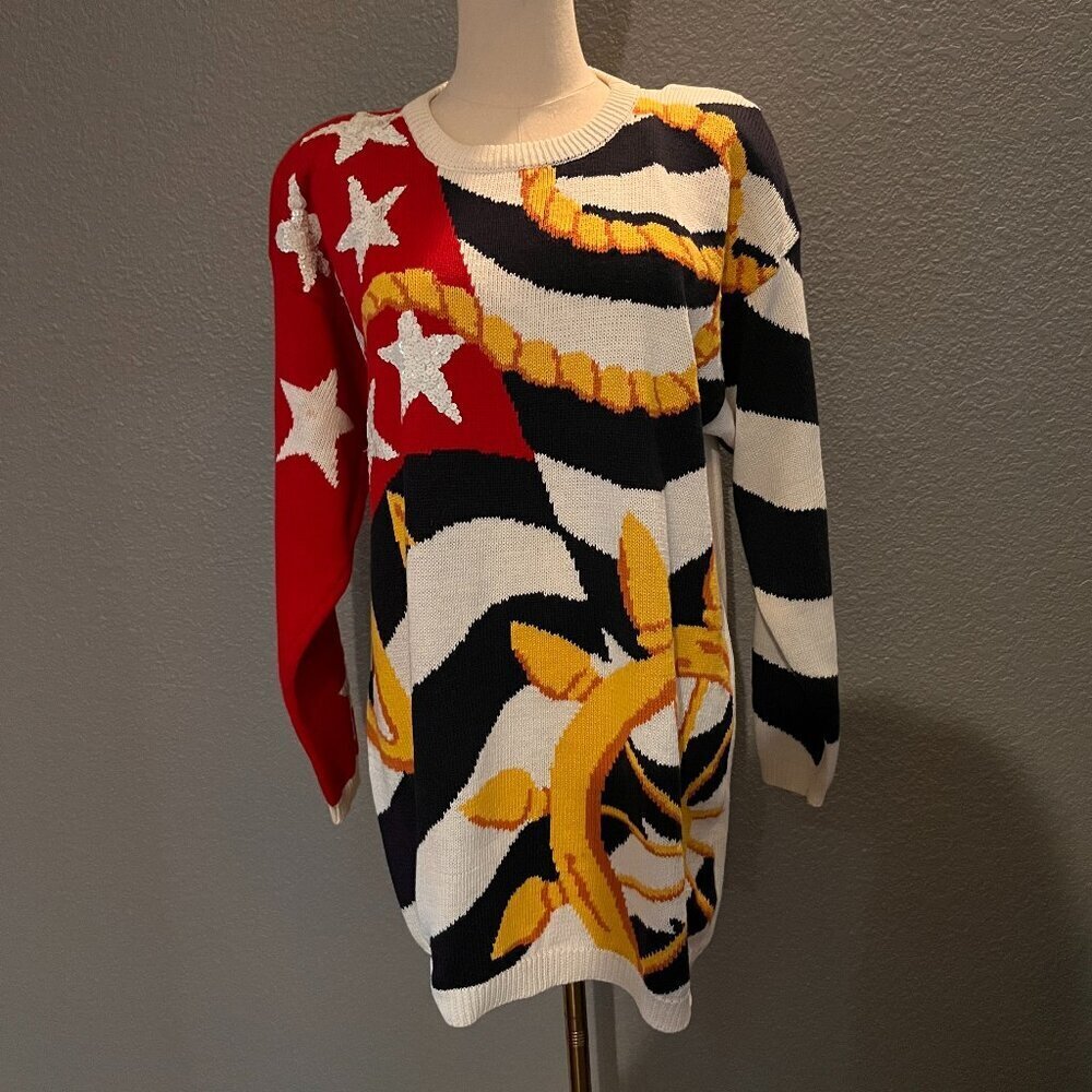 VINTAGE 80'S MARISA CHRISTINA NAUTICAL STARS & STRIPES SWEATER with SEQUINS - M